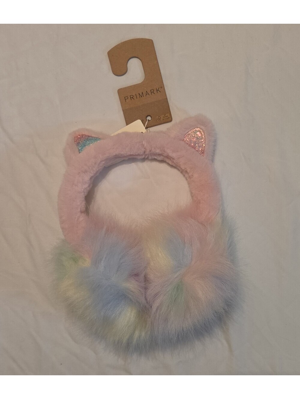 Pastel Rainbow Tie Dye Faux Fur Cat Ear Earmuffs Pink Glitter Primark NWT
